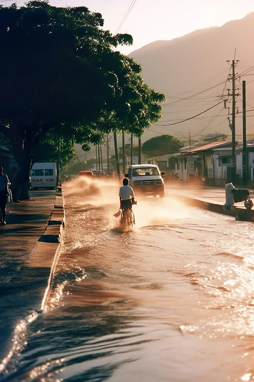 ai generated, rain, flood, road, water, nature, typhoon, flooding, asia